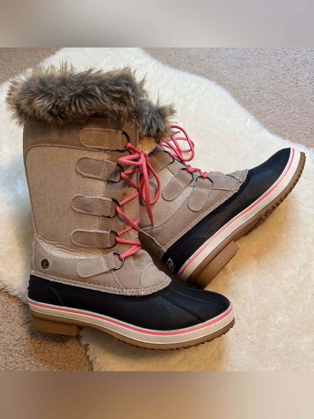 Northside Women's Winter Duck Boots - Taupe and Black with Pink Laces Size 7